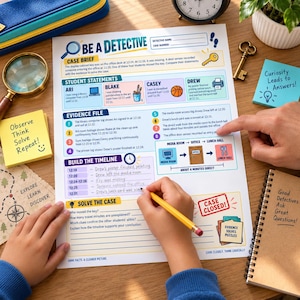 May include: A Be a Detective activity sheet featuring a case brief, student statements, evidence file, timeline, and solve the case sections. The paper includes colourful icons, text, and diagrams to help solve a mystery about a missing key.