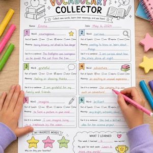 Könnte beinhalten: Ein Vocabulary Collector Arbeitsblatt auf weißem Papier mit farbenfrohen Überschriften und Illustrationen. Das Formular enthält Abschnitte für Name, Datum, sechs nummerierte Vokabeleinträge mit Definitionen und Beispielsätzen sowie einen Lernbereich.