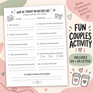 May include: A white paper activity sheet titled WHAT WE THOUGHT ON OUR FIRST DATE with ten numbered questions for couples to complete separately. The page features black text, line spaces for writing, and small illustrations of hearts and coffee cups.
