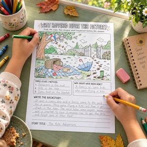 Puede incluir: Una hoja de trabajo de escritura creativa titulada What Happened Before This Picture? que presenta una colorida ilustración de un parque con una cesta de picnic, una cometa y un paraguas, junto a secciones para pistas, sospechosos y una historia titulada The Kite Adventure.