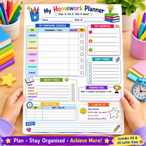 May include: A white homework planner sheet titled My Homework Planner with sections for a weekly schedule, top priorities, subject focus, reward goals, and study plans. The design features colourful icons, text, and lines for writing tasks.