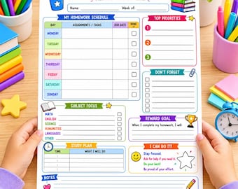 Op de afbeelding: Een wit huiswerkplannerblad met de titel My Homework Planner, voorzien van secties voor een weekschema, topprioriteiten, vakken, beloningsdoelen en studieplannen, versierd met kleurrijke iconen, tekst en lijnen om taken te noteren.