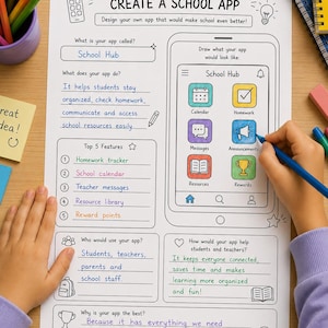 Create School App Printable Worksheet | Kids Design Activity (Digital Download)