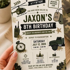 May include: A military-themed birthday invitation card featuring a green helicopter, a walkie-talkie, a compass, and a truck. The text reads: ATTENTION! MISSION: BIRTHDAY FUN! JAXON'S 8TH BIRTHDAY, SATURDAY JULY 12, 2026, 3:00 PM - 6:00 PM, and other details.