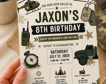 Uitnodiging voor een legerverjaardagsfeest, uitnodiging voor een missiefeest in camouflagestijl, bewerkbare Canva-sjabloon (5x7 inch)