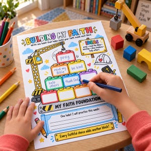 May include: A white activity sheet titled Building My Faith with a construction crane illustration and colorful block outlines. The sheet features text prompts, a My Faith Foundation section, and blank lines for writing habits, surrounded by colored pencils.