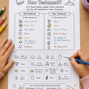 May include: A white educational worksheet titled Old or New Testament with black text and colorful illustrations. It features two columns for sorting biblical stories and people, plus a bottom section with cut-out boxes for sorting activities.