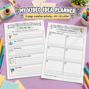 Peut inclure: Deux feuilles de papier blanches intitulées My Video Idea Planner comprenant des sections pour planifier les sujets vidéo, les publics cibles, les introductions, les points clés et les conclusions, ainsi qu'un storyboard à six cases.