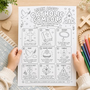 May include: A black and white educational coloring sheet titled Learn About Catholic Symbols. It features nine numbered boxes with illustrations and text describing religious icons including a cross, bible, rosary, dove, sacred heart, candle, chalice, lily, and church.