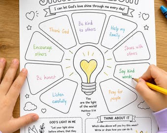 May include: A white activity worksheet titled Ways I Can Shine My Light with a central lightbulb graphic surrounded by eight segments containing phrases like Thank God, Be kind to others, and Help my family, plus Bible verses and a Think About It section.