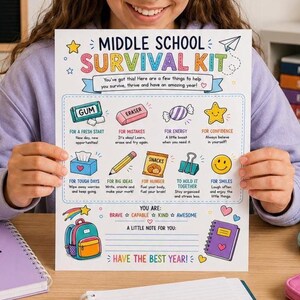 Scheda del kit di sopravvivenza per la scuola media / Benvenuto incoraggiante per gli studenti (formato PNG, formato lettera USA)