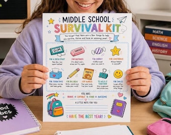 Kaartje voor een overlevingspakket voor de middelbare school | Een aanmoedigend welkom voor leerlingen (Amerikaanse letter PNG)