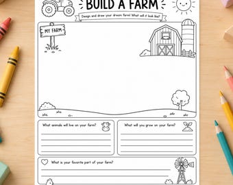 Pode incluir: Uma folha de atividades branca intitulada BUILD A FARM com ilustrações de linhas pretas de um trator, celeiro, silo, sol e animais de fazenda. A página inclui espaços em branco para desenhar e perguntas sobre animais e plantações.