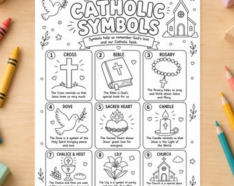 Pagina da colorare con simboli cattolici, attività sulla fede cristiana (download digitale)