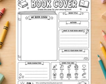 Può includere: Un foglio di attività stampabile in bianco e nero intitolato DESIGN YOUR OWN BOOK COVER. Presenta un grande rettangolo vuoto per disegnare, con sezioni per titolo del libro, autore, trama, pubblico di destinazione, personaggi e generi.