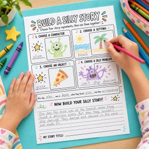 Peut inclure: Une feuille d'activité blanche intitulée Build a Silly Story avec quatre sections pour choisir un personnage, un décor, un objet et un problème. La feuille présente des illustrations dessinées à la main d'un alien, d'une plage, d'une part de pizza et d'un monstre violet.