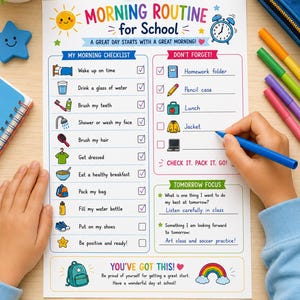 Op de afbeelding: Een geprinte ochtendroutine-checklist voor school met kleurrijke iconen en tekst. Het document bevat secties voor een ochtendchecklist, dingen om niet te vergeten en een gedeelte voor de focus op morgen.