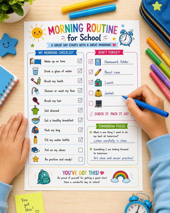 Kids Morning Routine Checklist, School Daily Planner, Visual Routine Chart (Digital Download)