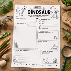 May include: A white activity sheet titled CREATE A DINOSAUR with black line art illustrations of a dinosaur, palm tree, and volcano. The page includes sections to name, draw, and describe a dinosaur, including a fact file for length and weight.