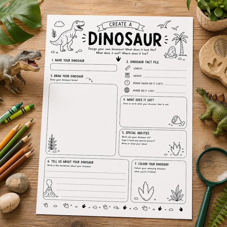 May include: A white activity sheet titled CREATE A DINOSAUR with black line art illustrations of a dinosaur, palm tree, and volcano. The page includes sections to name, draw, and describe a dinosaur, including a fact file for length and weight.