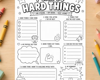Può includere: Un foglio di lavoro stampabile in bianco e nero intitolato I CAN DO HARD THINGS. Presenta otto sezioni con suggerimenti, tra cui elenchi, caselle e fumetti per scrivere, decorati con icone come un trofeo, un megafono e un braccio.