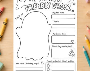 Può includere: Un foglio di attività stampabile in bianco e nero intitolato If I Were A Friendly Ghost con un grande contorno di fantasma centrale, sezioni per un nome, cose preferite, luoghi da infestare e un elenco per tre attività fantasma.