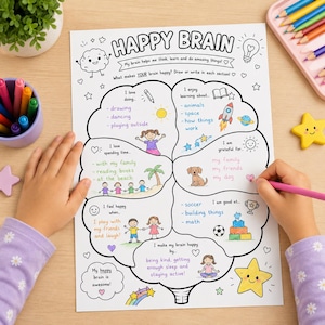 May include: A white activity worksheet titled HAPPY BRAIN with black outlines and colorful illustrations. The page features sections for writing about interests, learning, gratitude, and happiness, decorated with stars, a rocket, and a dog.