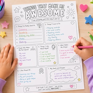Peut inclure: Une feuille d'activité blanche intitulée THINGS THAT MAKE ME AWESOME avec des bordures et du texte en noir et blanc. La page contient sept sections pour noter des intérêts personnels, des objectifs et des traits positifs, décorée d'étoiles, de cœurs et d'un soleil.