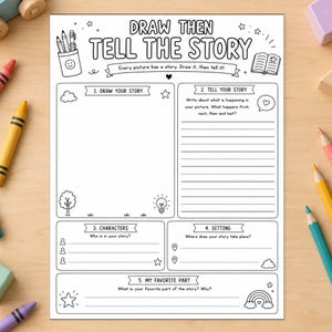 Draw Then Tell the Story Printable for Kids, Creative Writing & Drawing Activity, Story Starter Worksheet