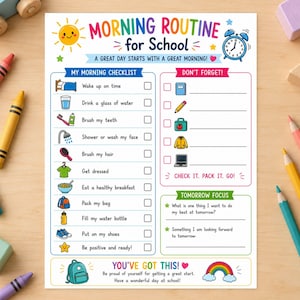 Checklist voor de ochtendroutine van kinderen, dagelijkse schoolplanner, visueel routineoverzicht (digitale download) afbeelding 1