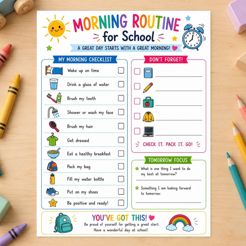 Checklist voor de ochtendroutine van kinderen, dagelijkse schoolplanner, visueel routineoverzicht (digitale download) afbeelding 1