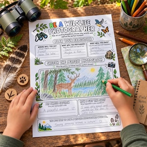Könnte beinhalten: Ein weißes Arbeitsblatt mit dem Titel Be a Wildlife Photographer mit Abschnitten zur Planung einer Expedition, zum Skizzieren einer Szene und zum Schreiben von Bildunterschriften. Es zeigt eine farbige Zeichnung eines Hirsches im Wald, handschriftlichen Text und einen grünen Stift.