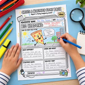 May include: A printable activity sheet titled Create a Newspaper Front Page with sections for a headline, drawing, and written details. The page features a hand-drawn coloured illustration of a pizza slice and handwritten text about a pizza delivery event.