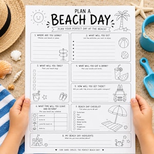 Puede incluir: Una hoja de planificación blanca titulada PLAN A BEACH DAY con ilustraciones de líneas negras que incluyen un sol, una palmera, un coche y equipo de playa. El documento presenta ocho secciones para planificar actividades, listas y horarios.
