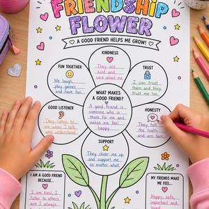 May include: A white paper worksheet titled Friendship Flower with colourful hand-drawn text and illustrations. The central flower diagram features petals labelled Kindness, Trust, Honesty, Support, Good Listener, and Fun Together with handwritten responses.