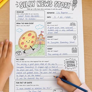 May include: A white paper worksheet titled Create a Silly News Story with black text and line drawings. The form includes fields for a headline, reporter name, date, and sections to draw the main event, identify who, where, and when, write a story, and add a quote.
