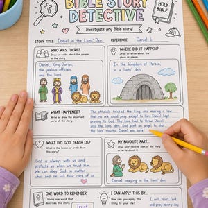 May include: A Bible Story Detective activity worksheet featuring colorful illustrations and handwritten text about Daniel in the lions' den. The page includes sections for story details, lessons, and personal application, with a magnifying glass icon.