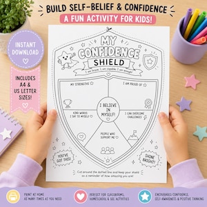 May include: A black and white printable activity sheet titled My Confidence Shield. The shield design features sections for strengths, proud moments, kind words, challenges, and support. It includes text prompts, star icons, and a dotted cutting line.