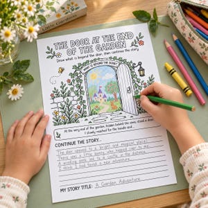 May include: A creative writing and colouring worksheet titled The Door at the End of the Garden. The page features a line art illustration of an open door revealing a castle, a bunny, and a sun, with space to write a story titled A Garden Adventure.
