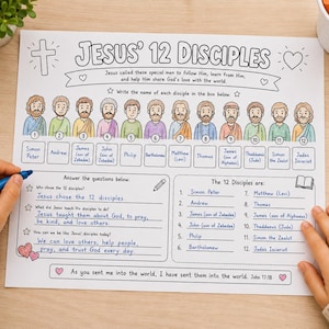 May include: A white educational activity sheet titled Jesus' 12 Disciples featuring cartoon illustrations of twelve figures, numbered boxes for names, and sections for written answers. The page includes text about the disciples and Bible verses.