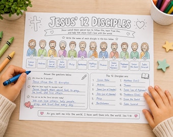 May include: A white educational worksheet titled Jesus' 12 Disciples featuring illustrations of twelve figures, numbered boxes for names, and written questions about the disciples. The page includes a cross, hearts, and lines for handwritten answers.