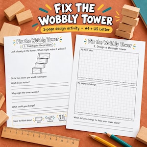 Puede incluir: Una hoja de actividades imprimible de dos páginas titulada Fix the Wobbly Tower. La primera página presenta un dibujo de una torre de bloques inclinada con preguntas. La segunda página incluye dos cuadrículas en blanco para bocetos y notas.