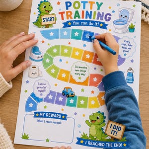 May include: A white potty training reward chart featuring a green dinosaur, a toilet, and a colorful path of star-filled squares. The text reads Potty Training, You can do it!, I'm learning new things every day!, I am so proud of myself!, My Reward, and I Did It! I reached the end!