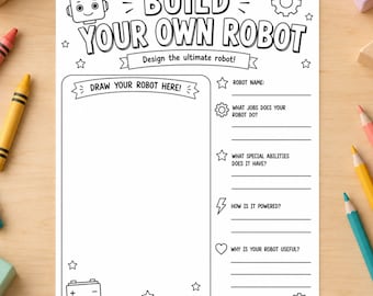 Crea il tuo robot: attività stampabile, foglio di disegno per bambini (download digitale)