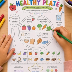 May include: A printable activity sheet titled Build a Healthy Plate with colourful illustrations of food groups including fruits, vegetables, grains, and proteins. The page features sections for drawing food, a food options grid, and prompts for writing.