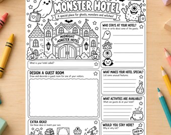 Midnight Monster Hotel Worksheet | Halloween Drawing & Writing Activity (Digital Download)