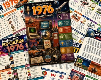 May include: A rectangular poster titled 1976 A Year to Remember featuring a collage of historical imagery including a vintage computer, a disco ball, a classic car, a bicycle, and a list of seven categories detailing music, sports, and political events.