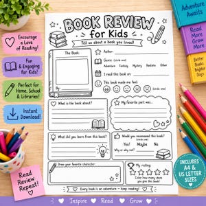 May include: A black and white printable book review worksheet for kids featuring sections for book title, author, genre, feelings, summary, favourite parts, lessons learned, recommendations, and a star rating, surrounded by coloured pencils and notes.