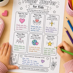 Può includere: Un foglio di carta bianco intitolato Prayer Starter for Kids con sei sezioni rettangolari contenenti suggerimenti come Thank You, Please Help, I'm Sorry, Please Bless, I Pray For e Praise God, decorato con cuori, stelle e un globo disegnati a mano.