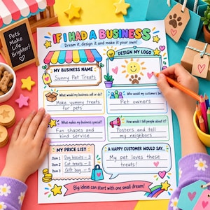 Pode incluir: Uma folha de atividades colorida intitulada If I Had A Business com seções para nome da empresa, design de logotipo, ideias de produtos, clientes, diferenciais, marketing, lista de preços e depoimentos, preenchida com texto manuscrito.